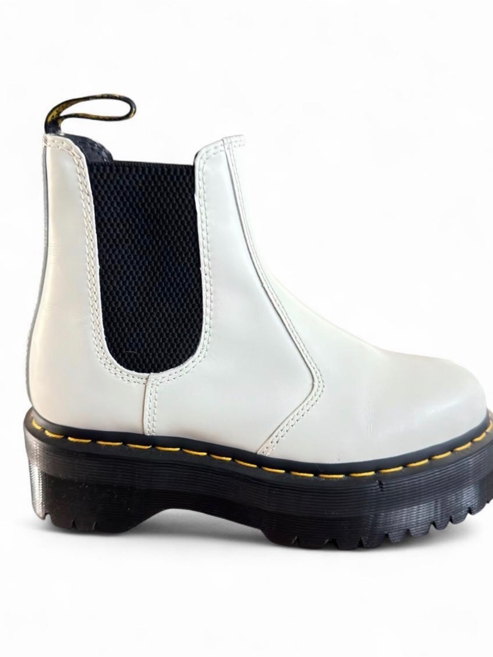 Dr. Martens White Leather Platform Chelsea Boot with Black Elastic